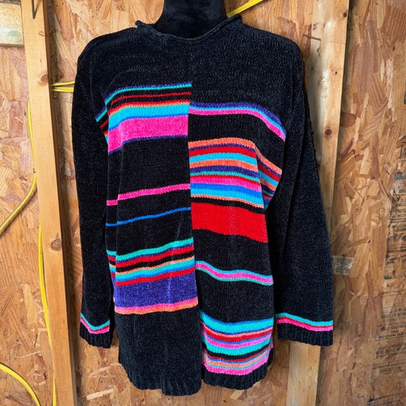 Sag Harbor Sweaters - VTG Sag Harbor‎ 1X Rainbow Striped Black Soft Fuzzy Sweater 90s Throwback Artsy